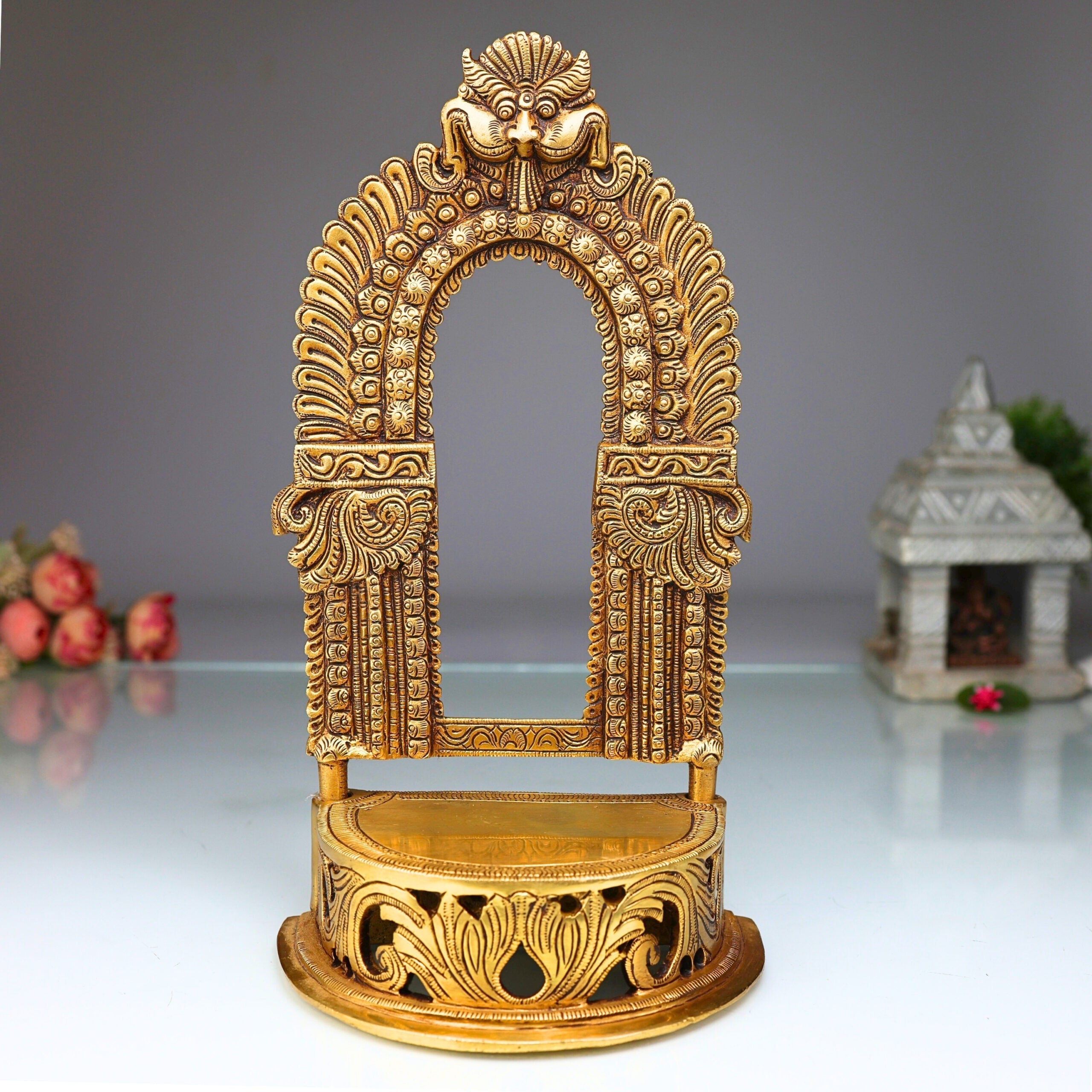 Bhunes Brass Chowki Singhasan Peetha, Peeta, Peetalu, Peetham Bajot for Temple, Pooja Mandir, and Sinhasan Stand, Gold, 11 Inch, 1 Piece