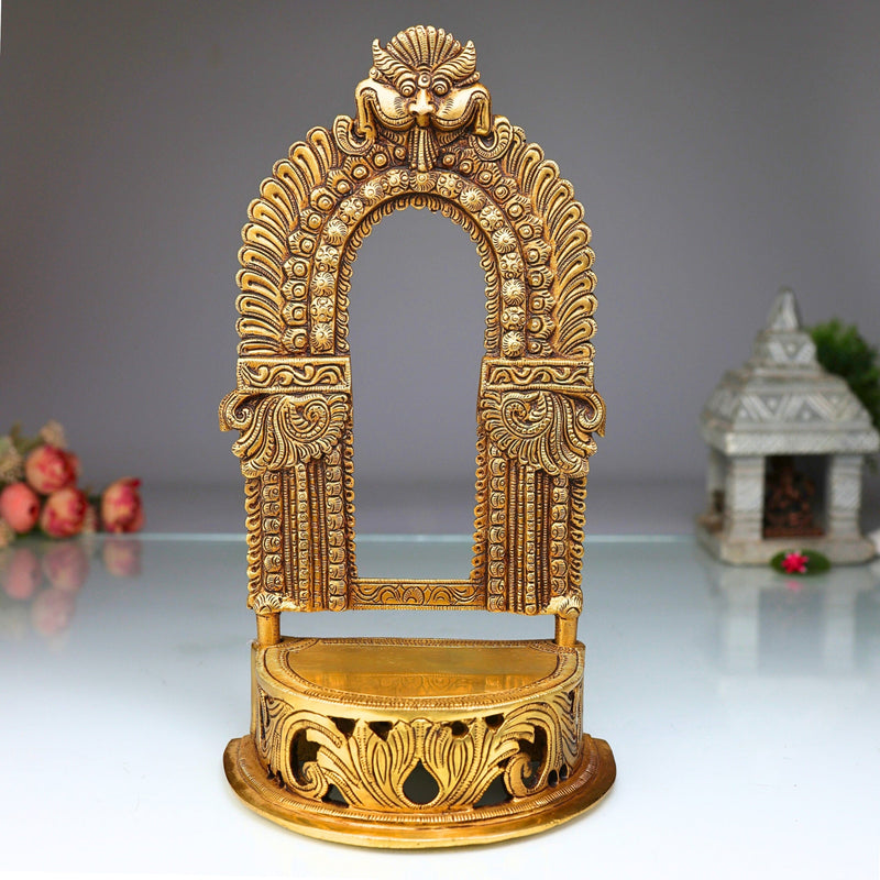 Bhunes Brass Chowki Singhasan Peetha, Peeta, Peetalu, Peetham Bajot for Temple, Pooja Mandir, and Sinhasan Stand, Gold, 11 Inch, 1 Piece