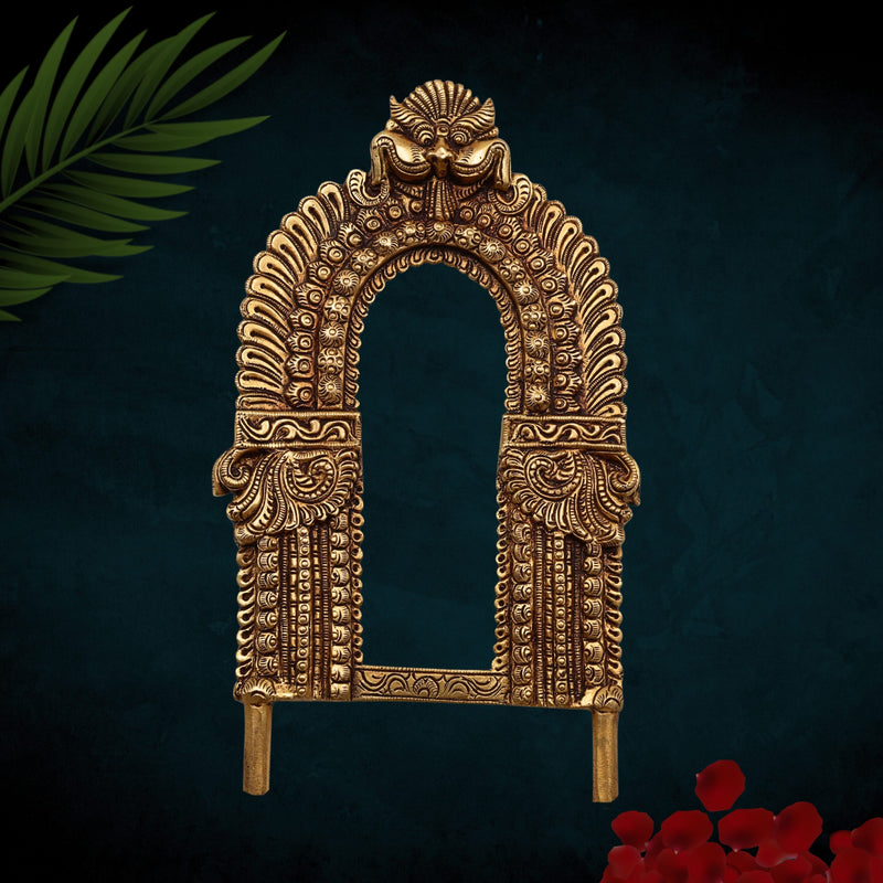 Bhunes Brass Prabhavali Arch Frame With Kirthimukha Thiruvachi, Wall Hanging Prabhawali For Deity, Temple Backdrop | Prabhaval For Home Mandir Decor, Gold, 10 Inch, 1 Piece