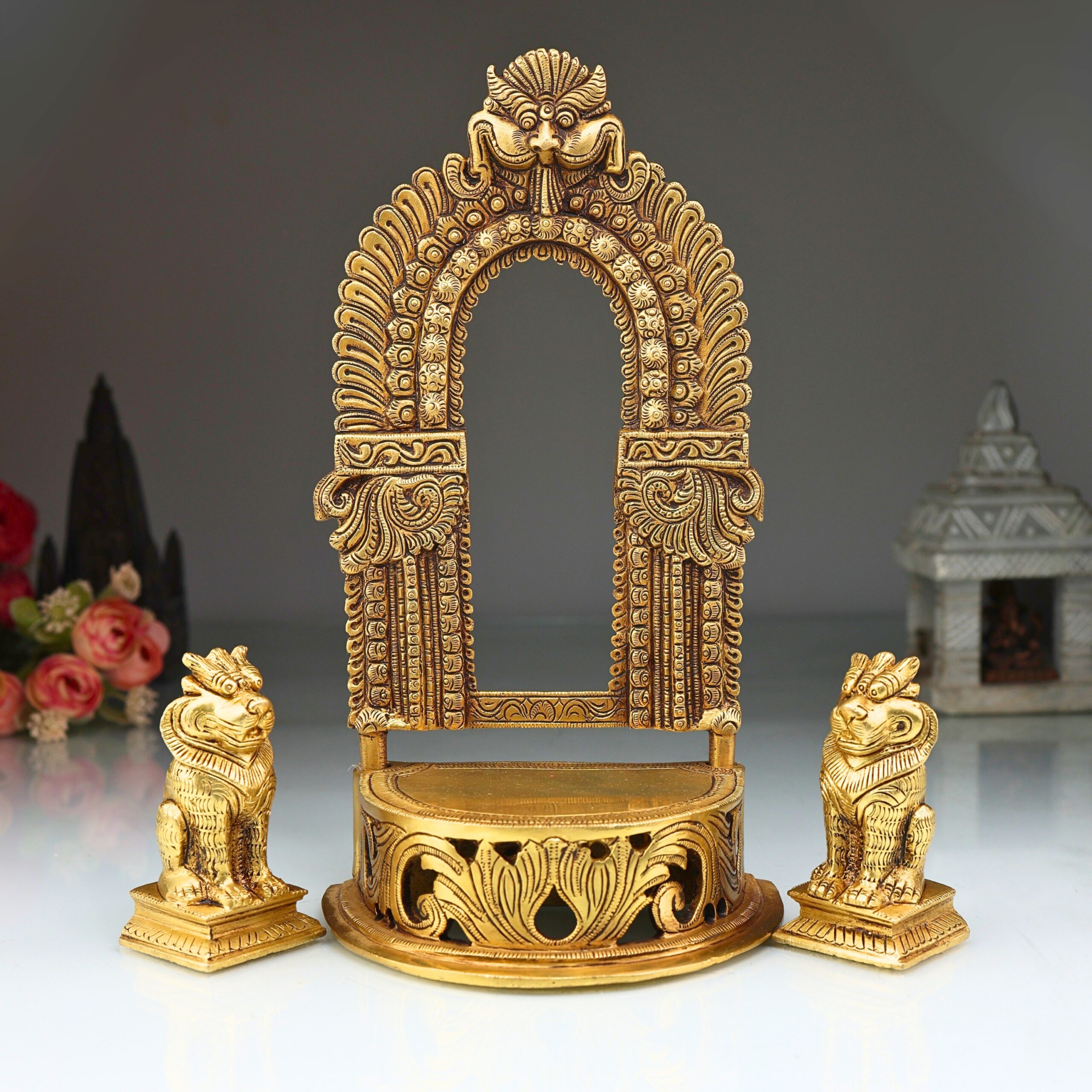 Brass Pooja Chowki with Prabhavali and Yali, Handmade Peetha Singhasan Bajot for Temple Decor, Gold, 11 Inch, 1 Piece
