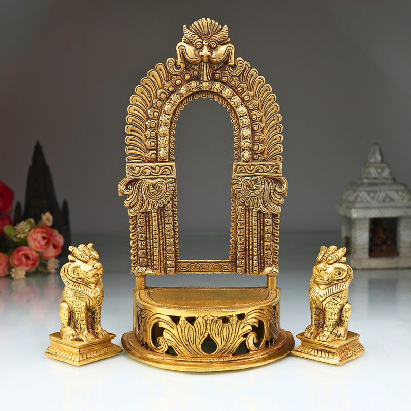 Brass Pooja Chowki with Prabhavali and Yali, Handmade Peetha Singhasan Bajot for Temple Decor, Gold, 11 Inch, 1 Piece
