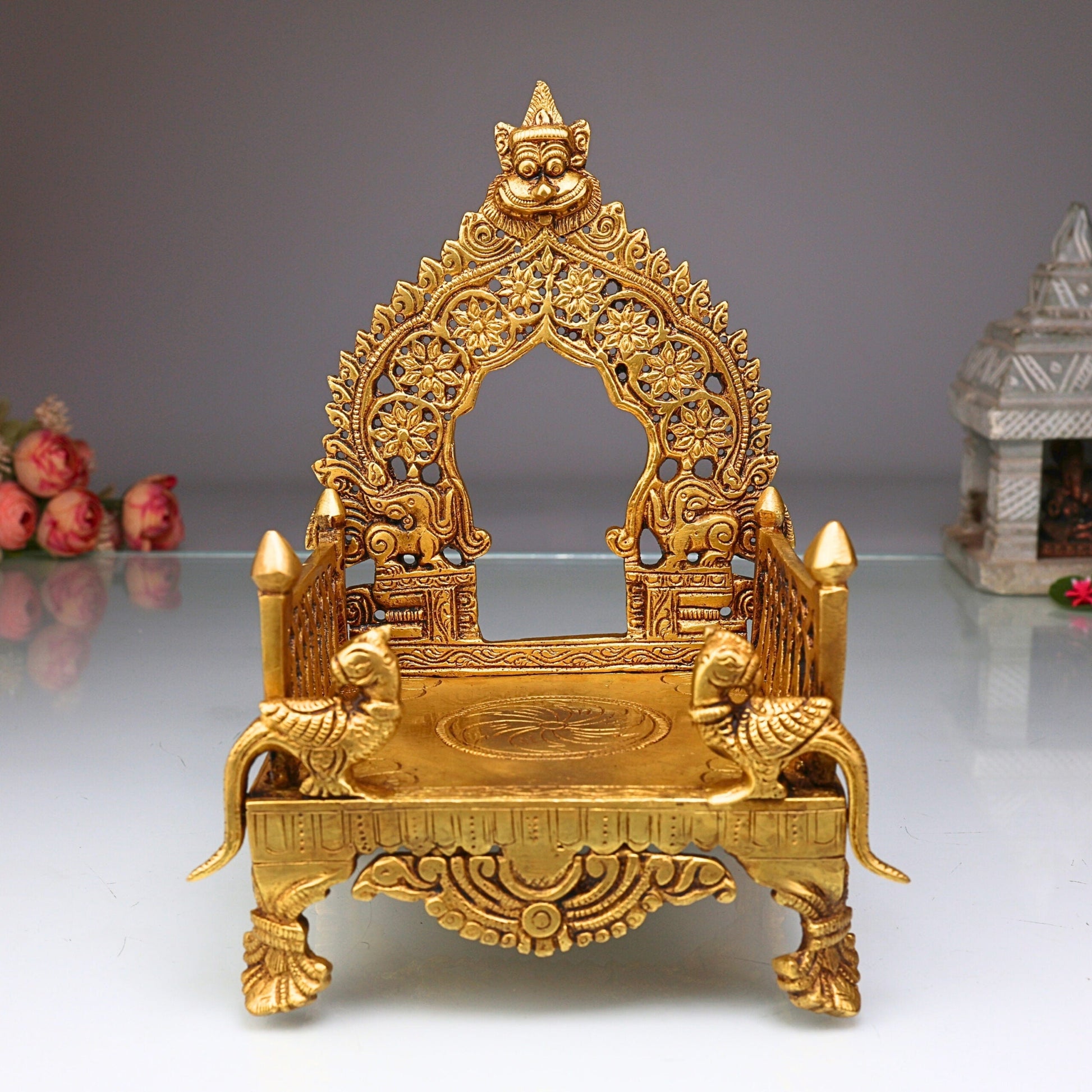 Bhunes Brass Chowki with Prabhavali Peetha for Temple, Singhasan Pooja Stand, Peetham Bajot for Mandir, Deity Platform, Home Decor, Gold, 8.5 Inch, 1 Piece