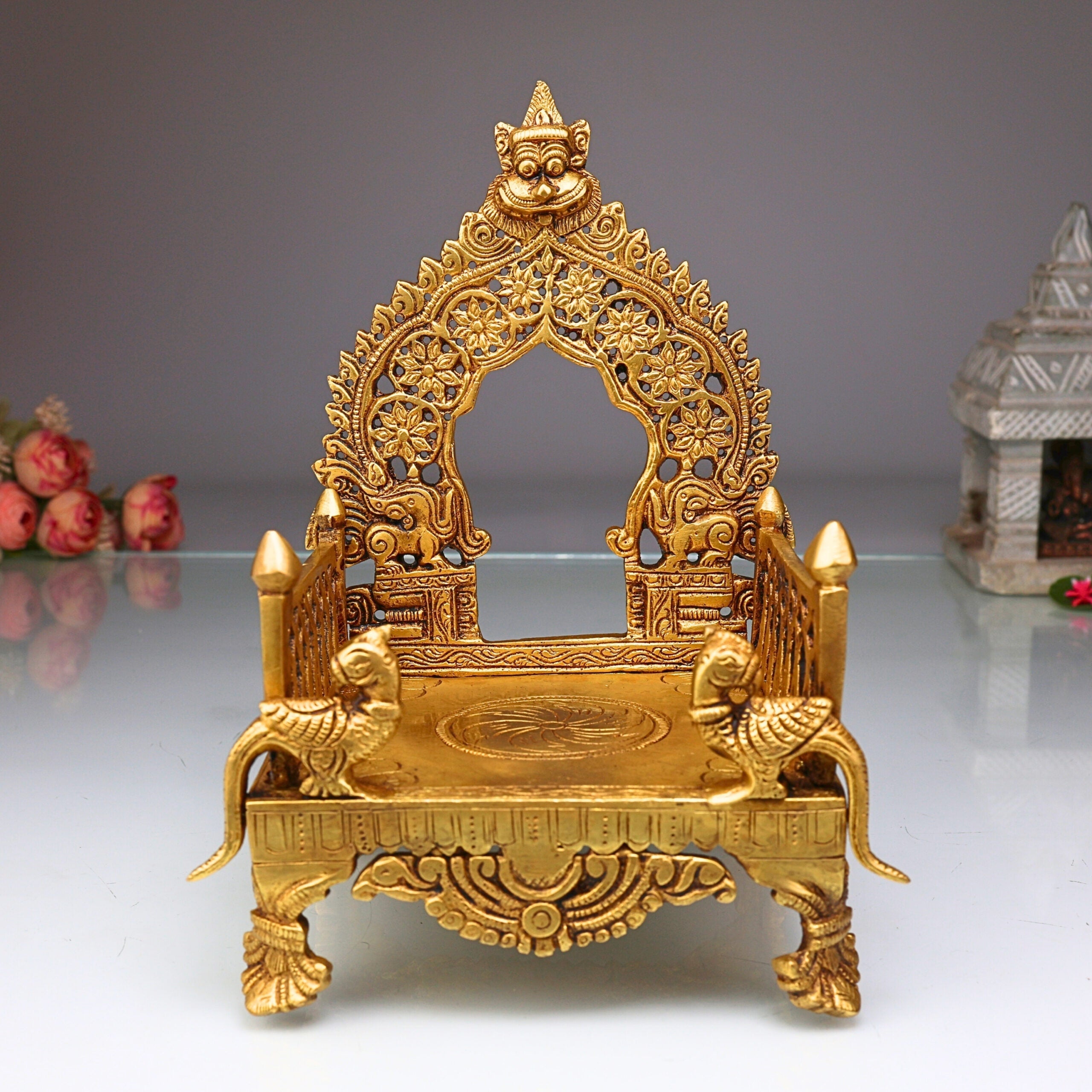 Bhunes Brass Chowki with Prabhavali Peetha for Temple, Singhasan Pooja Stand, Peetham Bajot for Mandir, Deity Platform, Home Decor, Gold, 8.5 Inch, 1 Piece