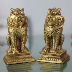 Handcrafted Brass Lion Yali Prabhaval Idol, Peetal/Pittal Temple & Pooja Showpiece, Home Décor, Photo & Mirror Frame, Vastu Lucky Lion Statue,Gold, 3.5 Inch, 1 Piece