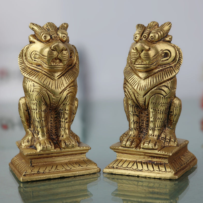 Handcrafted Brass Lion Yali Prabhaval Idol, Peetal/Pittal Temple & Pooja Showpiece, Home Décor, Photo & Mirror Frame, Vastu Lucky Lion Statue,Gold, 3.5 Inch, 1 Piece