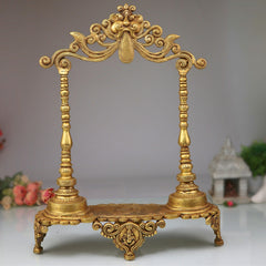 Brass Deity Stand With Prabhavali and Chowki, Temple Singhasan Peetha Bajot For Idols, Handmade Brass God Throne, Gold, 19 Inch, 1 Piece