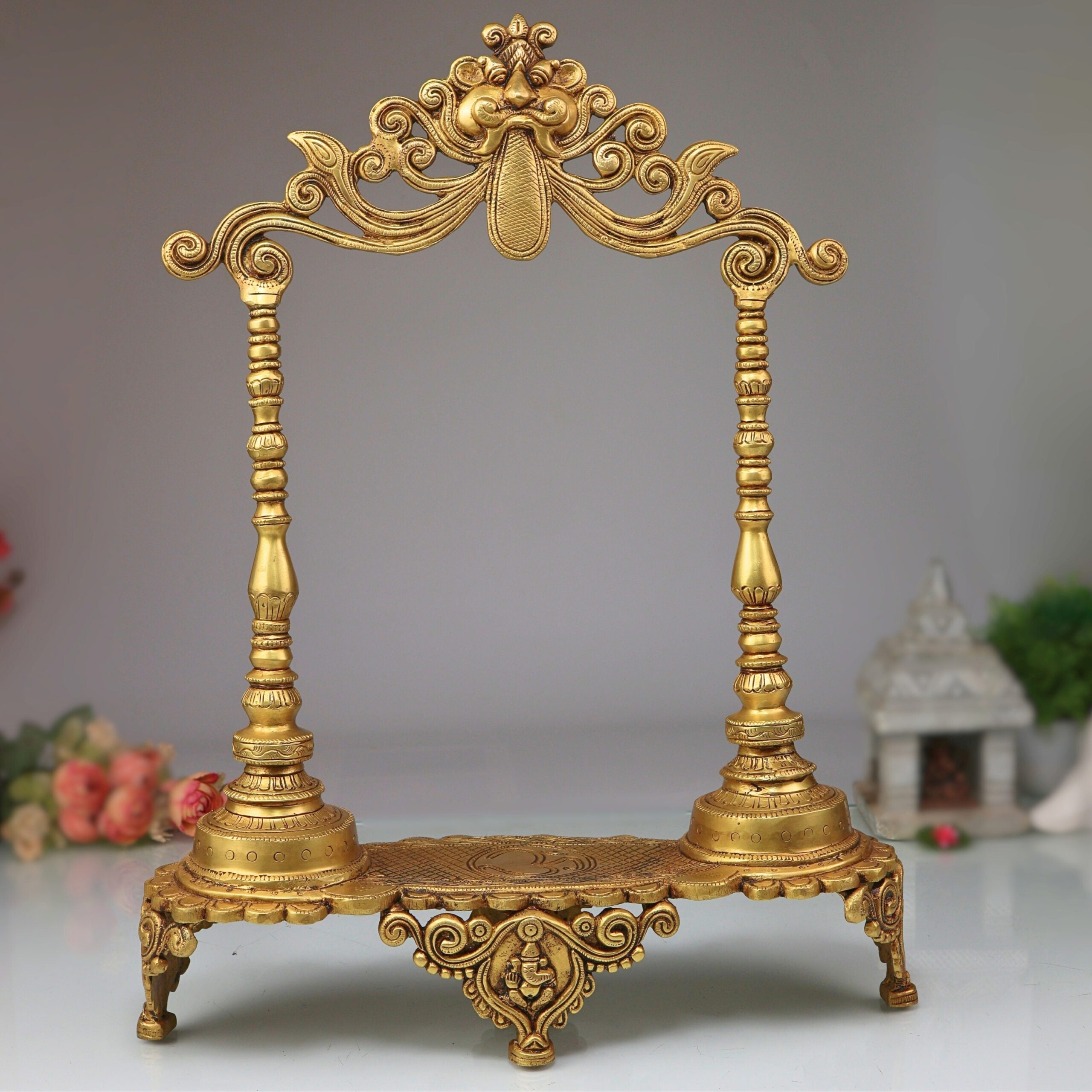 Brass Deity Stand With Prabhavali and Chowki, Temple Singhasan Peetha Bajot For Idols, Handmade Brass God Throne, Gold, 19 Inch, 1 Piece