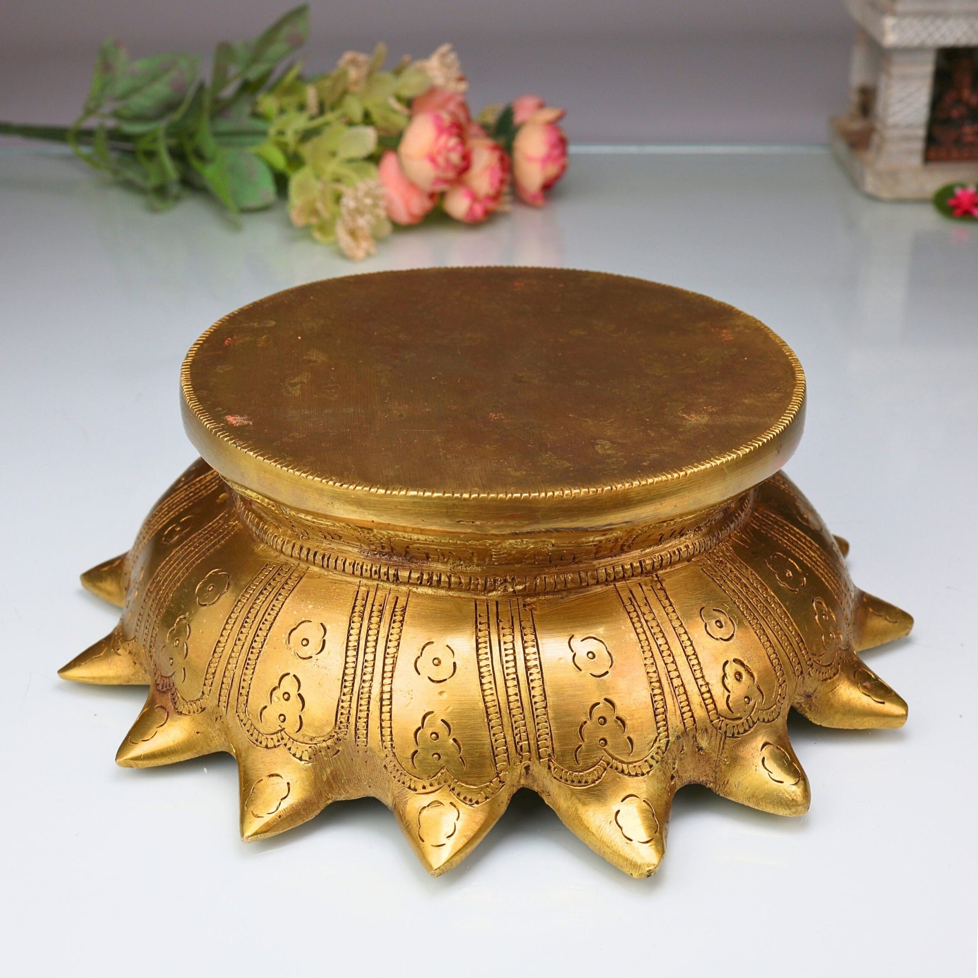 Bhunes Brass Lotus Shaped Pooja Chowki, Kamal Base for Kalash, Deity Platform, Puja Singhasan Peetha for Idols, Mandir Bajot Stand, Traditional Handcrafted Worship Table, Gold, 3 Inch, 1 Piece