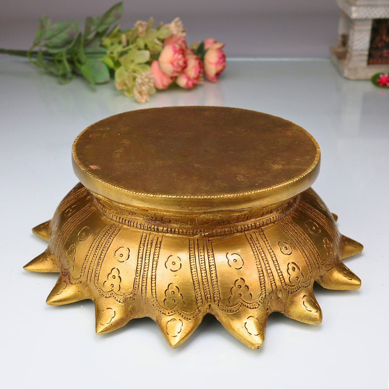 Bhunes Brass Lotus Shaped Pooja Chowki, Kamal Base for Kalash, Deity Platform, Puja Singhasan Peetha for Idols, Mandir Bajot Stand, Traditional Handcrafted Worship Table, Gold, 3 Inch, 1 Piece