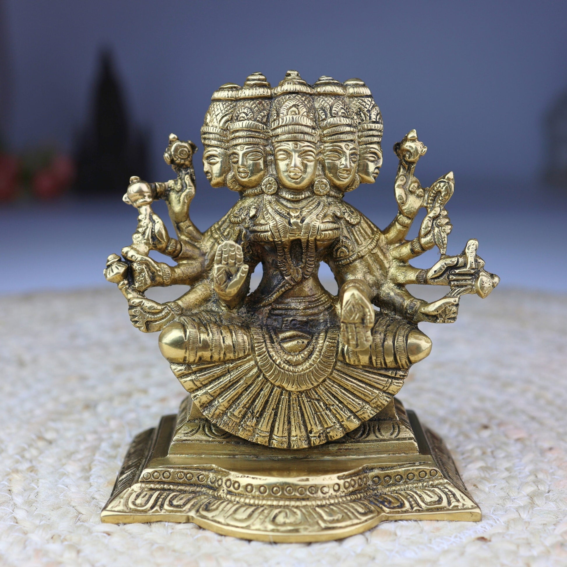 Brass Gayatri Devi Idol | Panchamukhi Vedamata Gayatri Mata Murti | Handcrafted Pital Savitri Devi Statue for Pooja & Home Decor,Gold, 6 Inch, 1 Piece