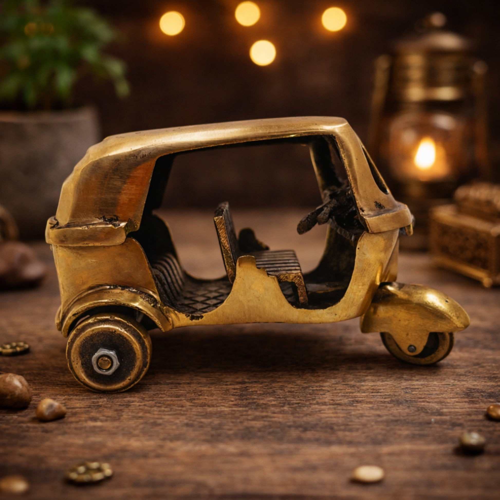 Brass Auto Rickshaw Miniature, Peetal Tuk-Tuk Showpiece, Handcrafted Three-Wheeler Décor, Pittal Decorative Collectible,Gold, 3 Inch, 1 Piece