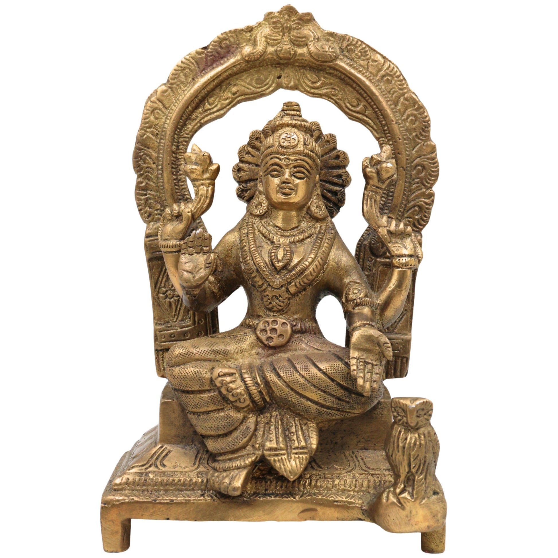 Handcrafted Brass Mahalakshmi Idol with Prabhavali | Pital Shri Devi Laxmi Murti for Pooja, Home Temple & Decor, Gold, 7 Inch, 1 Piece