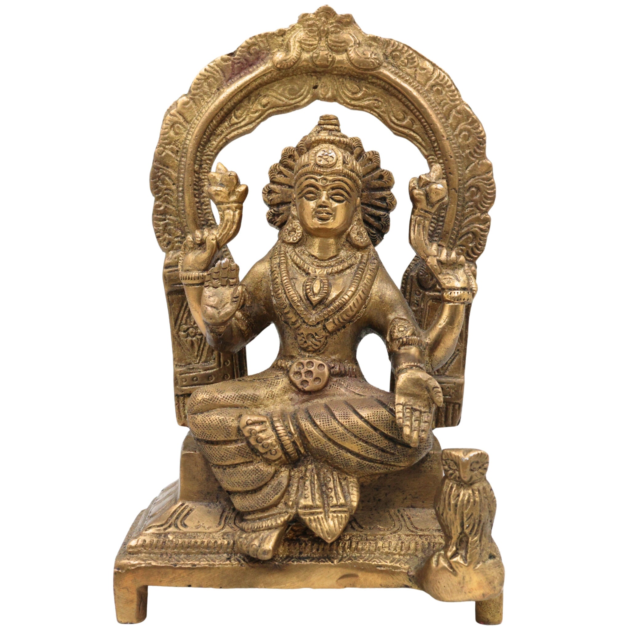 Handcrafted Brass Mahalakshmi Idol with Prabhavali | Pital Shri Devi Laxmi Murti for Pooja, Home Temple & Decor, Gold, 7 Inch, 1 Piece