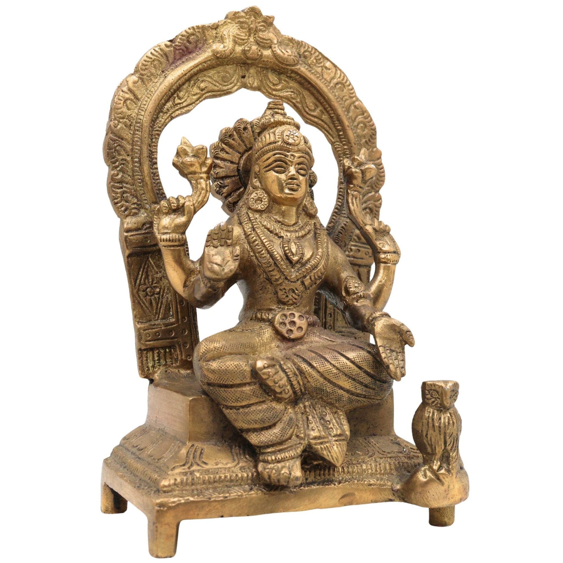 Handcrafted Brass Mahalakshmi Idol with Prabhavali | Pital Shri Devi Laxmi Murti for Pooja, Home Temple & Decor, Gold, 7 Inch, 1 Piece