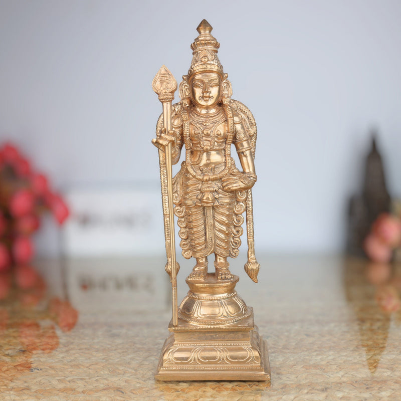 Handmade Bronze Murugan Idol | Panchaloha Subramanya Skanda Kartikeya Sculpture for Temple & Home Decor,Gold, 11 Inch, 1 Piece