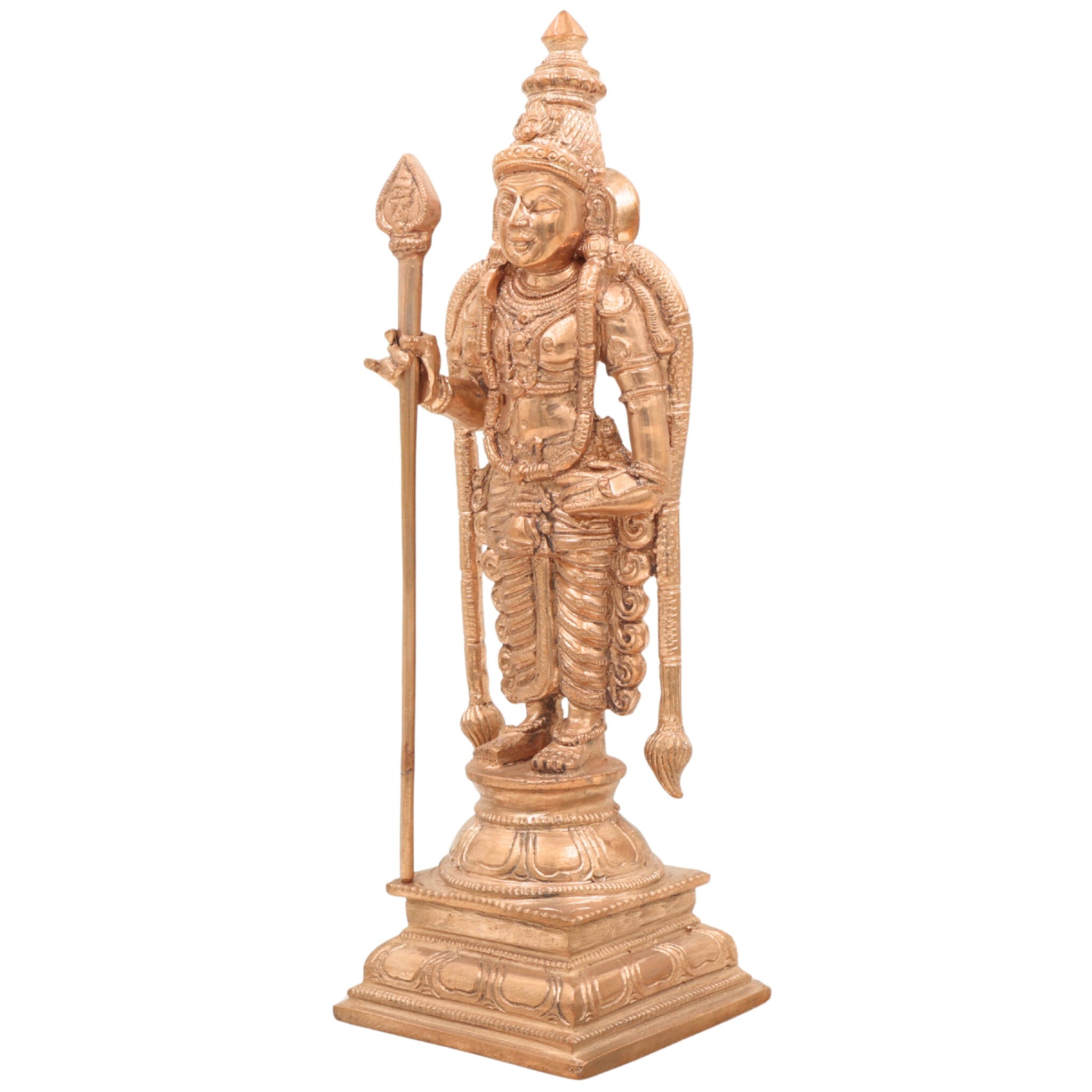 Handmade Bronze Murugan Idol | Panchaloha Subramanya Skanda Kartikeya Sculpture for Temple & Home Decor,Gold, 11 Inch, 1 Piece