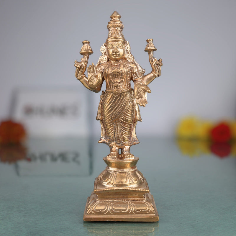 Handcrafted Bronze Mahalakshmi Idol | Panchaloha Lakshmi Murti | Laxmi Kamala Devi Sculpture for Pooja & Decor,Gold, 7 Inch, 1 Piece