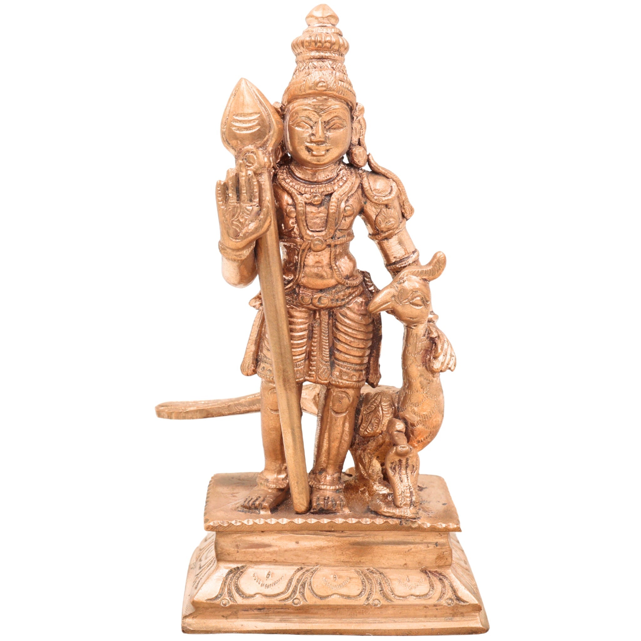 Handcrafted Bronze Murugan Idol with Peacock | Panchaloha Subramanya Kartikeya Skanda Vel Murugan Statue for Home Temple & Gift,Gold, 6 Inch, 1 Piece