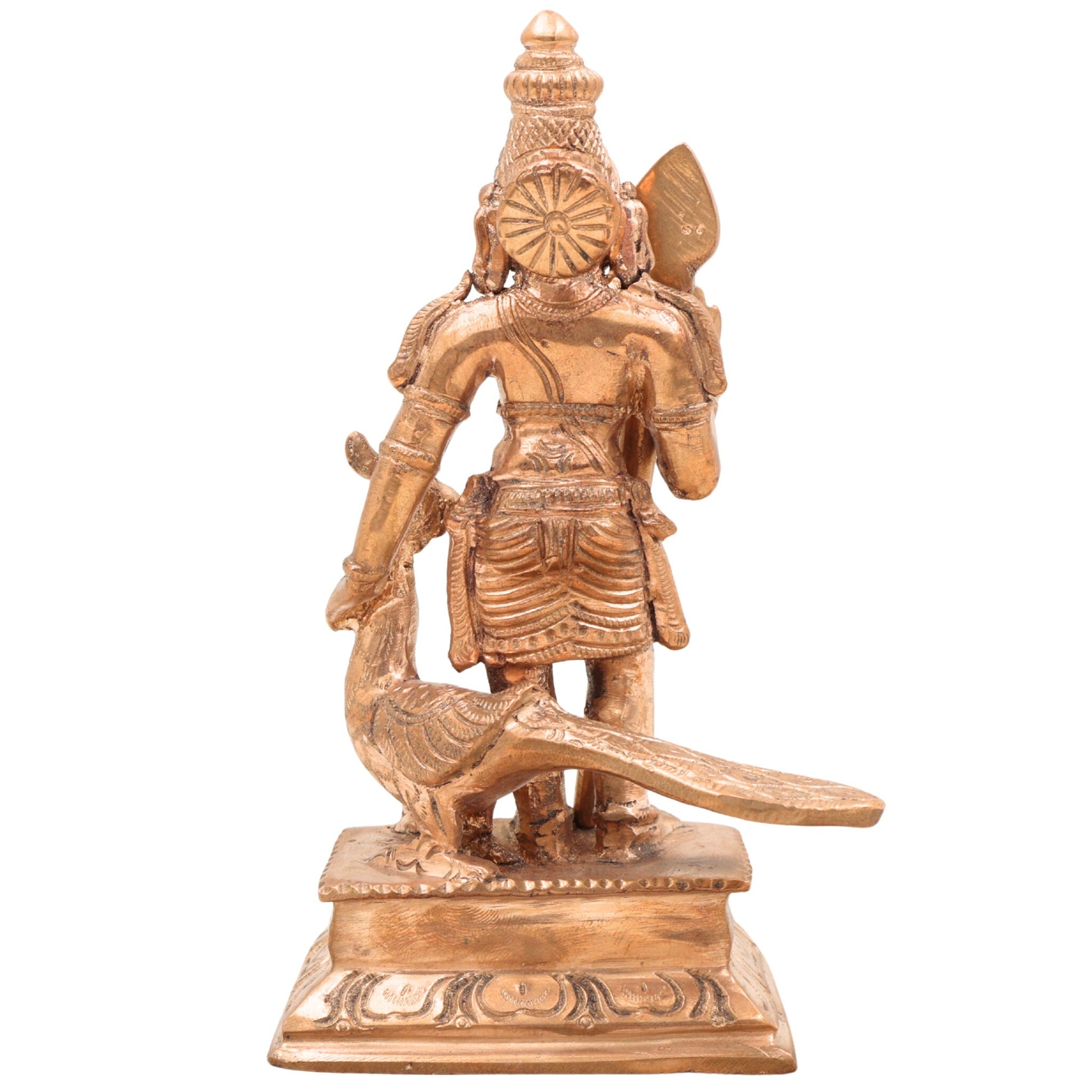 Handcrafted Bronze Murugan Idol with Peacock | Panchaloha Subramanya Kartikeya Skanda Vel Murugan Statue for Home Temple & Gift,Gold, 6 Inch, 1 Piece