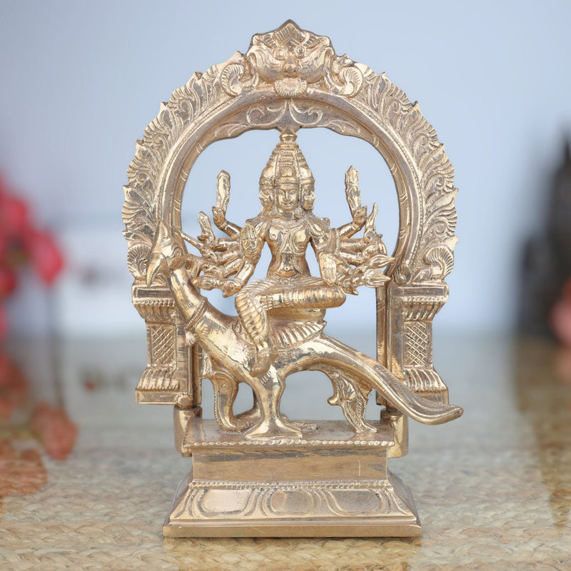 Murugan Sitting on Peacock Panchaloha Idol | Bronze Subramanya Skanda Arumugan Statue | Handcrafted Lord Karthikeya with Prabhavali for Home Temple Deco,Gold, 9 Inch, 1 Piece
