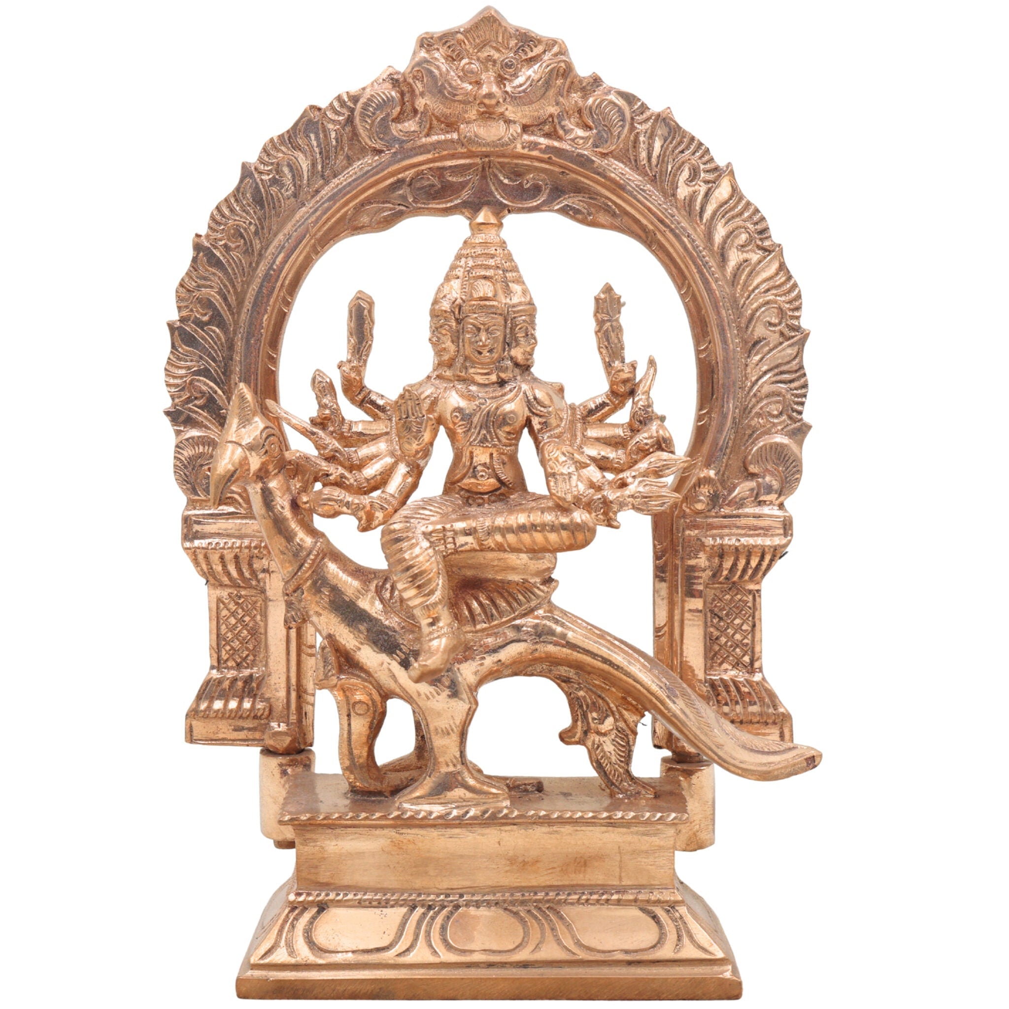 Murugan Sitting on Peacock Panchaloha Idol | Bronze Subramanya Skanda Arumugan Statue | Handcrafted Lord Karthikeya with Prabhavali for Home Temple Deco,Gold, 9 Inch, 1 Piece