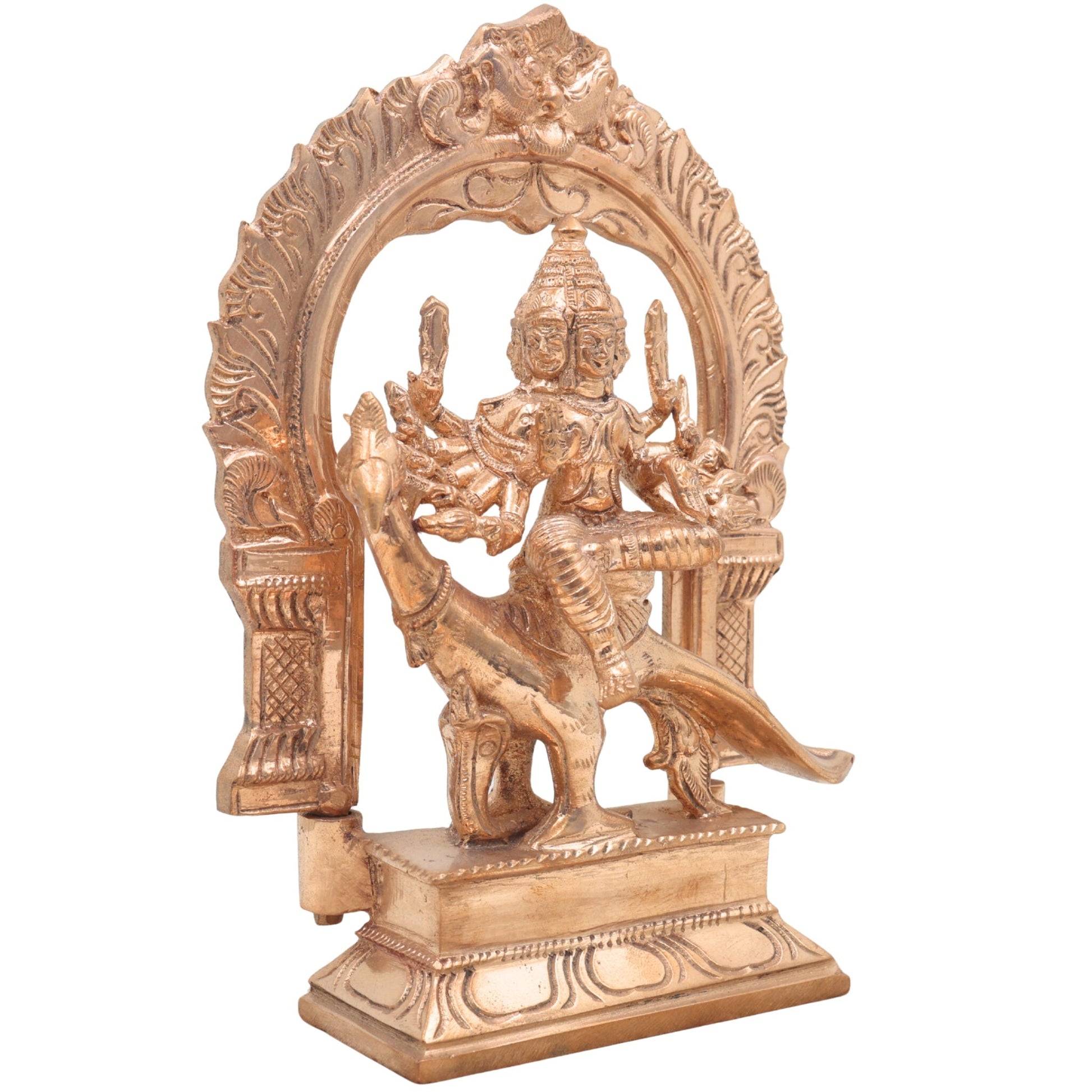 Murugan Sitting on Peacock Panchaloha Idol | Bronze Subramanya Skanda Arumugan Statue | Handcrafted Lord Karthikeya with Prabhavali for Home Temple Deco,Gold, 9 Inch, 1 Piece
