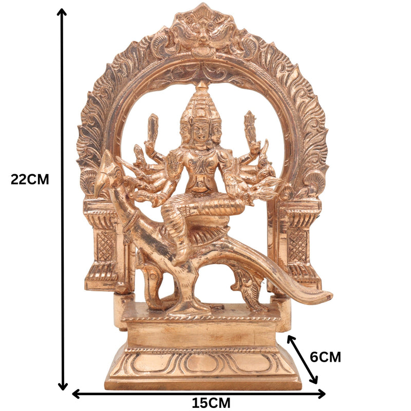 Murugan Sitting on Peacock Panchaloha Idol | Bronze Subramanya Skanda Arumugan Statue | Handcrafted Lord Karthikeya with Prabhavali for Home Temple Deco,Gold, 9 Inch, 1 Piece