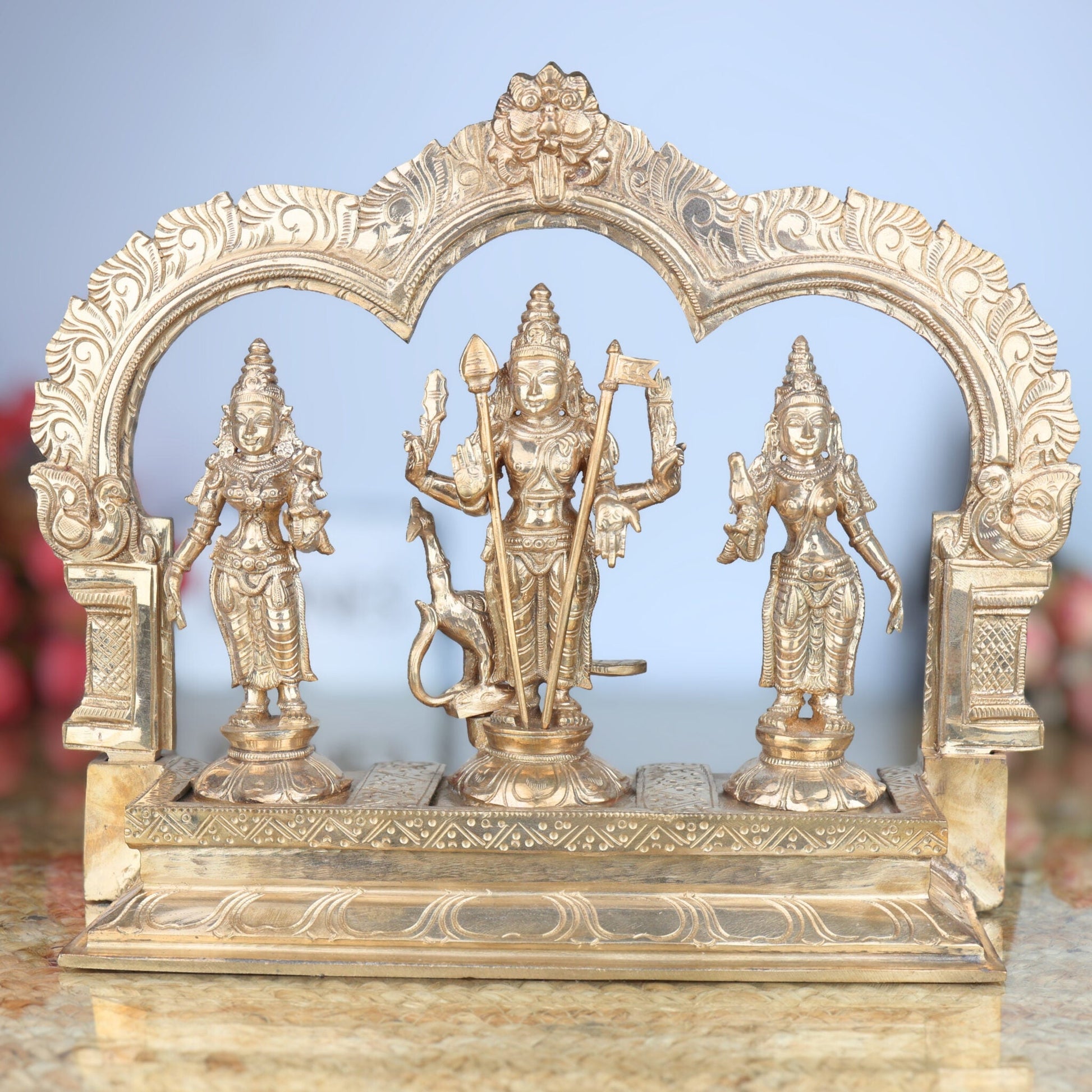 Handcrafted Panchaloha Murugan Idol with Valli and Devasena | Bronze Subramanya Kumara Swamy Skanda Vel Murugan Statue for Puja & Decor,Gold, 11 Inch, 1 Piece