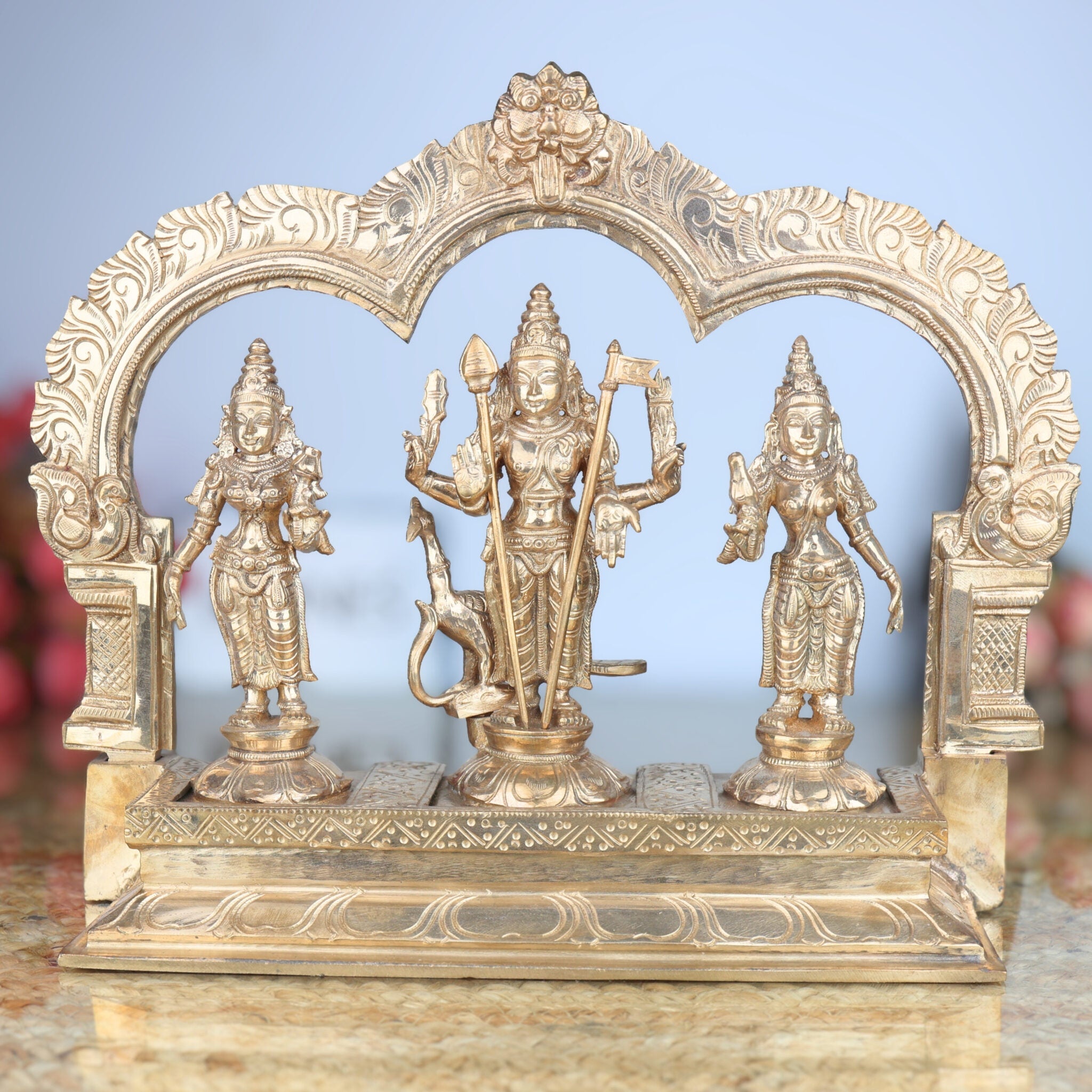Handcrafted Panchaloha Murugan Idol with Valli and Devasena | Bronze Subramanya Kumara Swamy Skanda Vel Murugan Statue for Puja & Decor,Gold, 11 Inch, 1 Piece