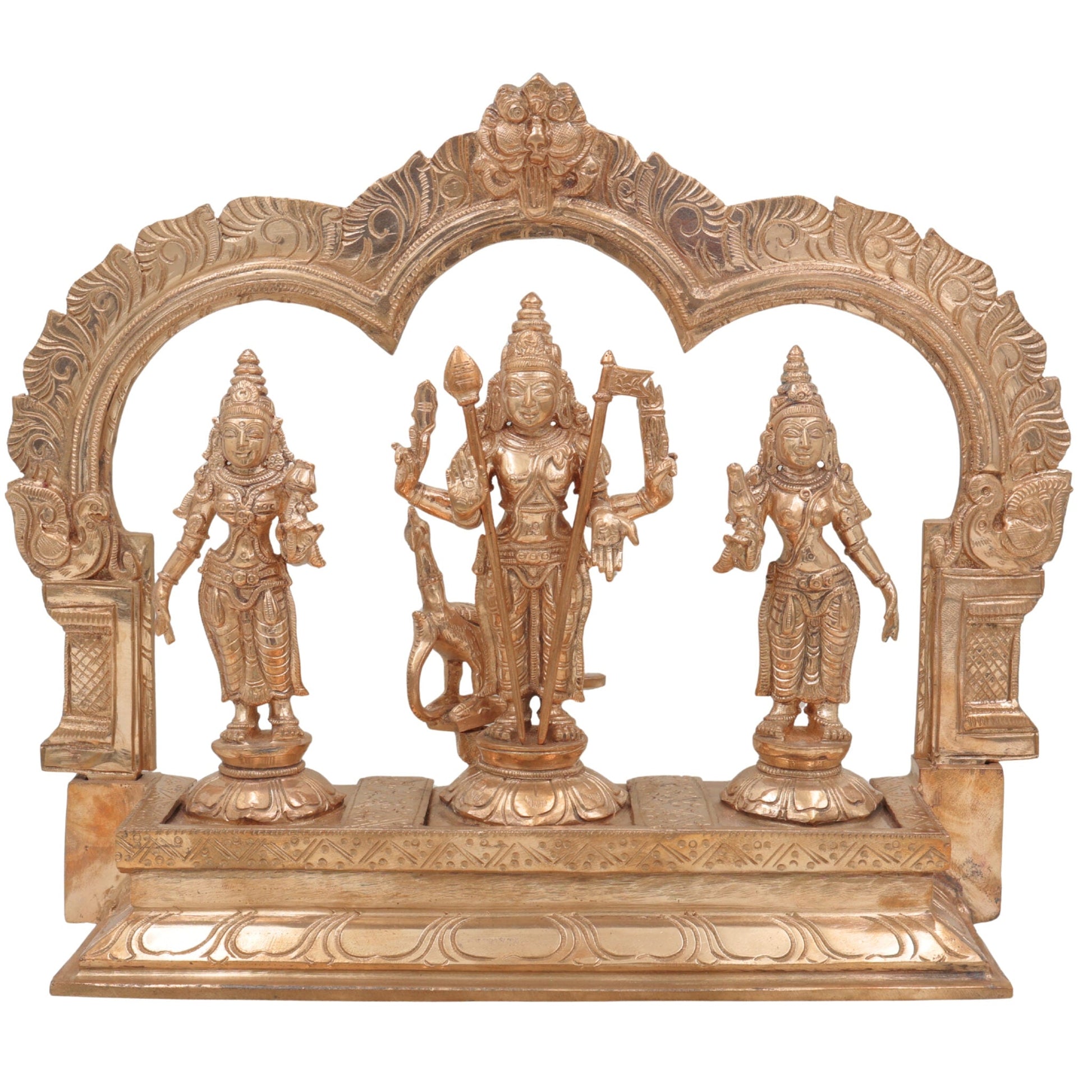 Handcrafted Panchaloha Murugan Idol with Valli and Devasena | Bronze Subramanya Kumara Swamy Skanda Vel Murugan Statue for Puja & Decor,Gold, 11 Inch, 1 Piece