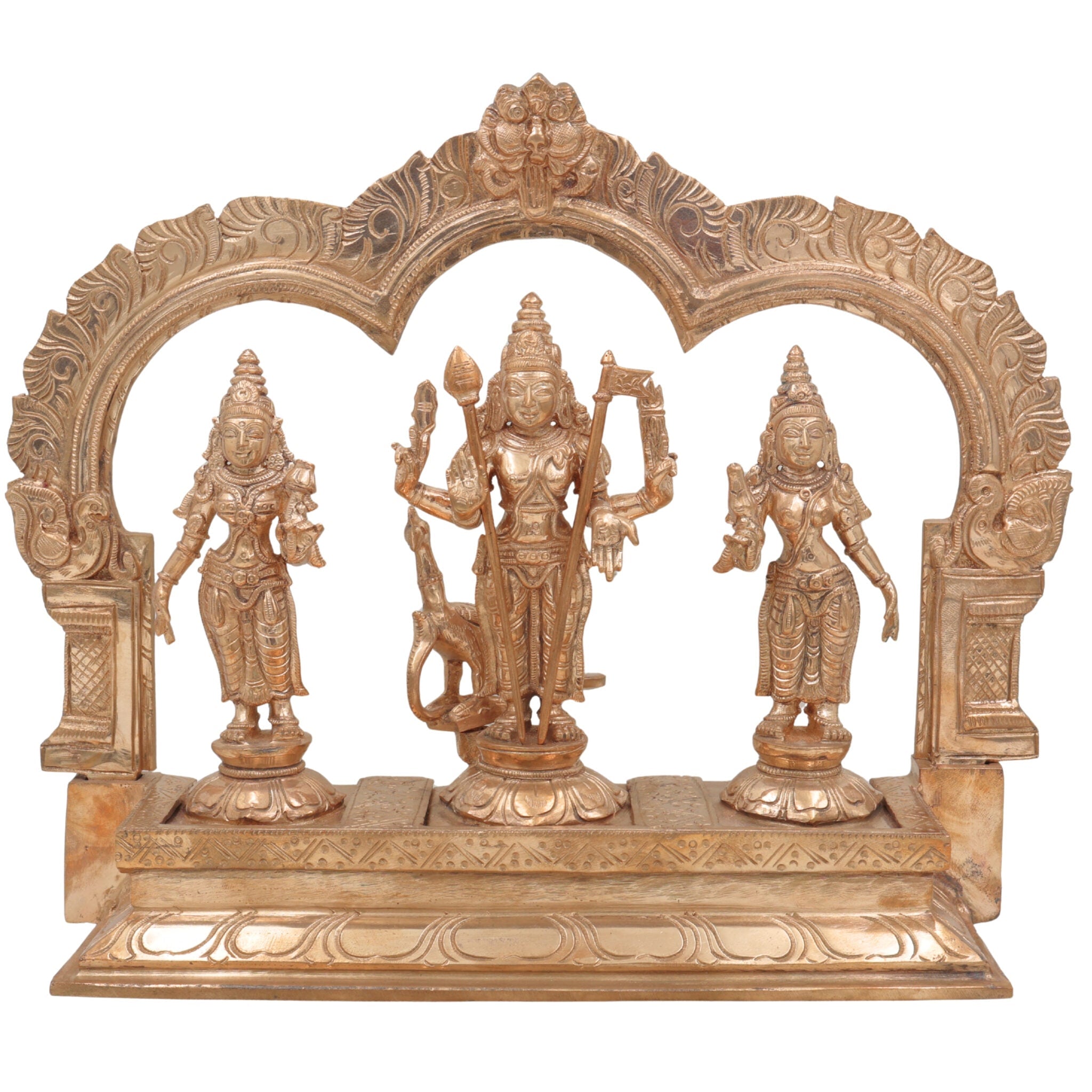 Handcrafted Panchaloha Murugan Idol with Valli and Devasena | Bronze Subramanya Kumara Swamy Skanda Vel Murugan Statue for Puja & Decor,Gold, 11 Inch, 1 Piece