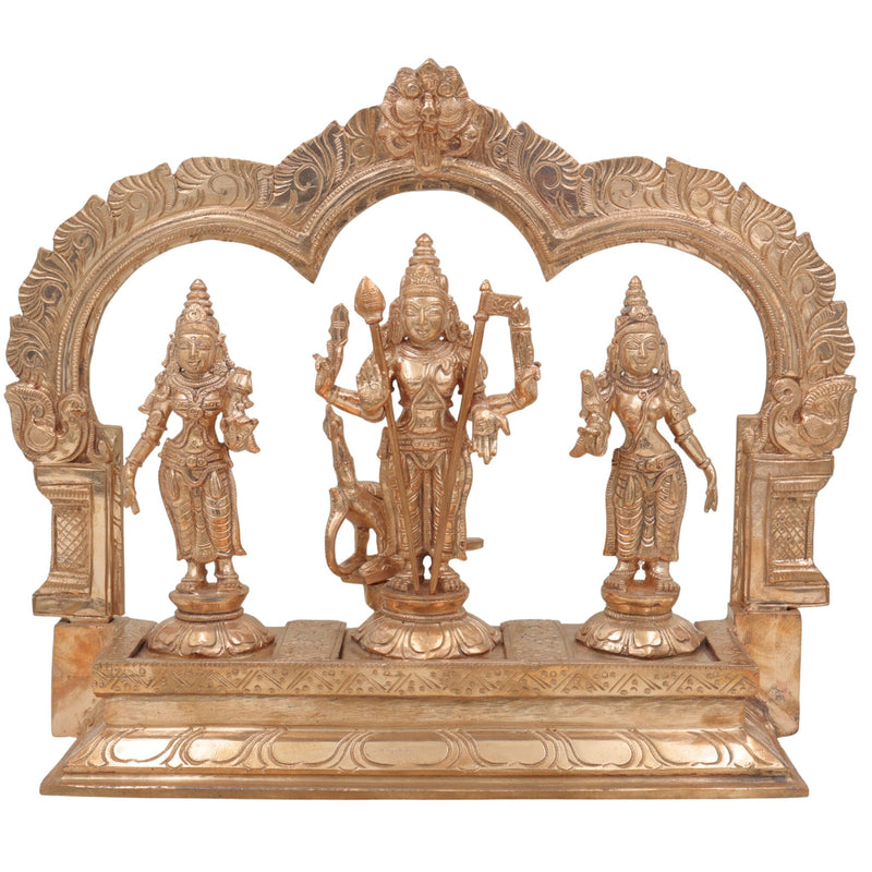 Handcrafted Panchaloha Murugan Idol with Valli and Devasena | Bronze Subramanya Kumara Swamy Skanda Vel Murugan Statue for Puja & Decor,Gold, 11 Inch, 1 Piece