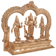 Handcrafted Panchaloha Murugan Idol with Valli and Devasena | Bronze Subramanya Kumara Swamy Skanda Vel Murugan Statue for Puja & Decor,Gold, 11 Inch, 1 Piece