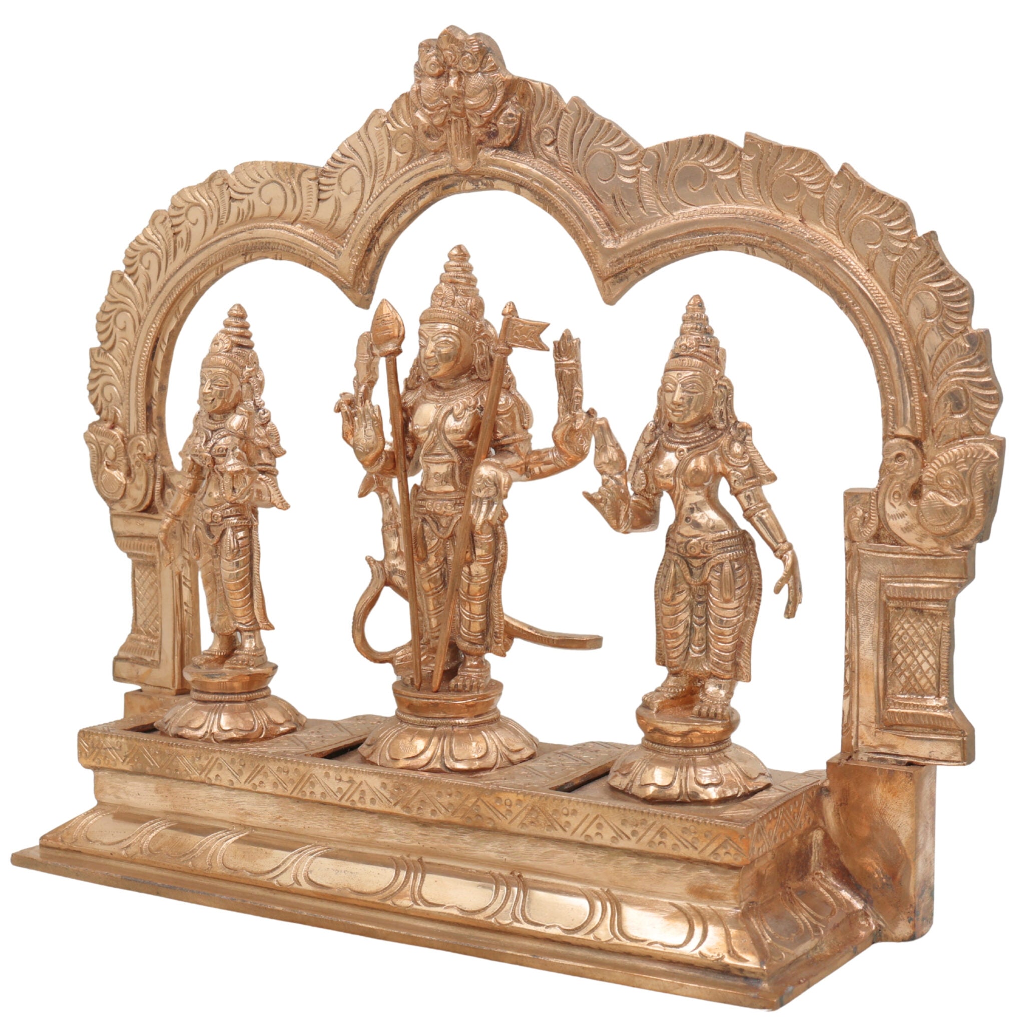 Handcrafted Panchaloha Murugan Idol with Valli and Devasena | Bronze Subramanya Kumara Swamy Skanda Vel Murugan Statue for Puja & Decor,Gold, 11 Inch, 1 Piece