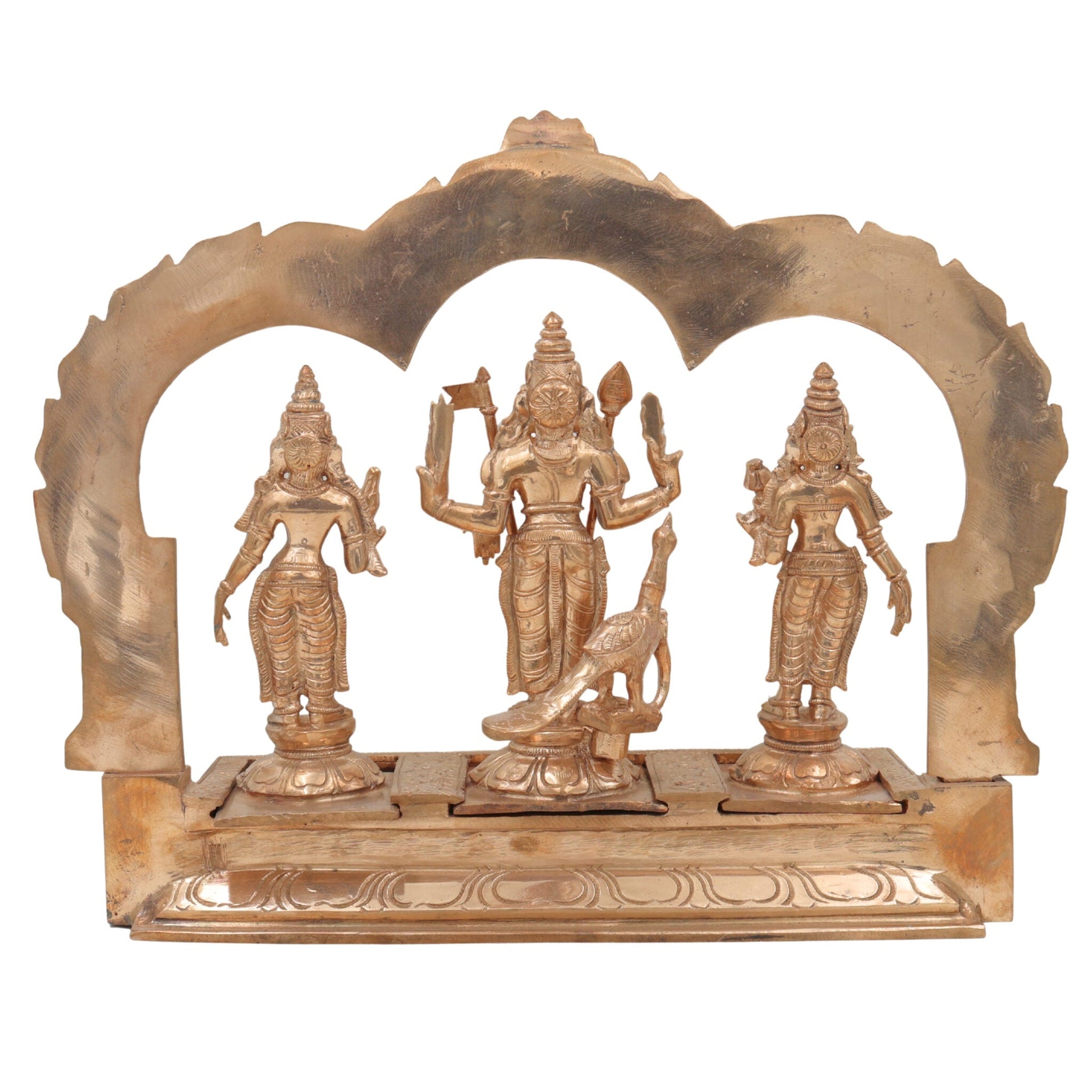 Handcrafted Panchaloha Murugan Idol with Valli and Devasena | Bronze Subramanya Kumara Swamy Skanda Vel Murugan Statue for Puja & Decor,Gold, 11 Inch, 1 Piece