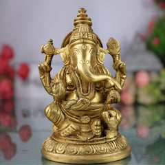 Handcrafted Brass Ganesha Idol | Vinayaka Ganpati Murti for Pooja, Home & Office Decor | Peetal Ekadanta Statue | Vighnaharta Ganapati Showpiece by Bhunes,Gold, 5 Inch, 1 Piece