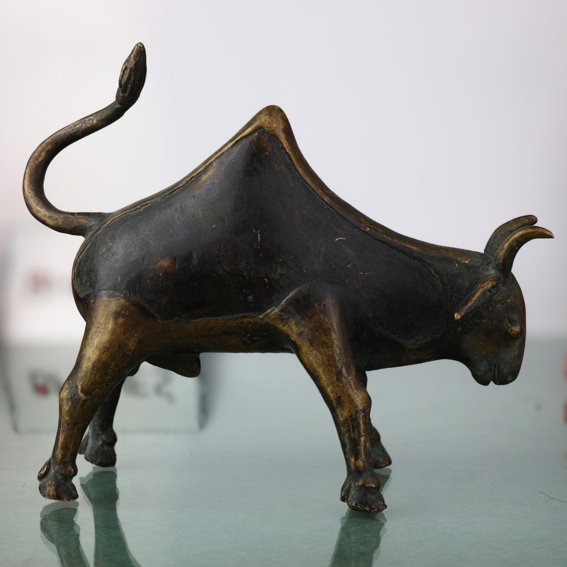 Brass Bull Idol | Nandi Statue | Vrishabha Ox Sculpture | Kamadhenu Brass Showpiece | Peetal Ox Figurine | Ashtadhatu Bull Decor,Black, 5.5 Inch, 1 Piece