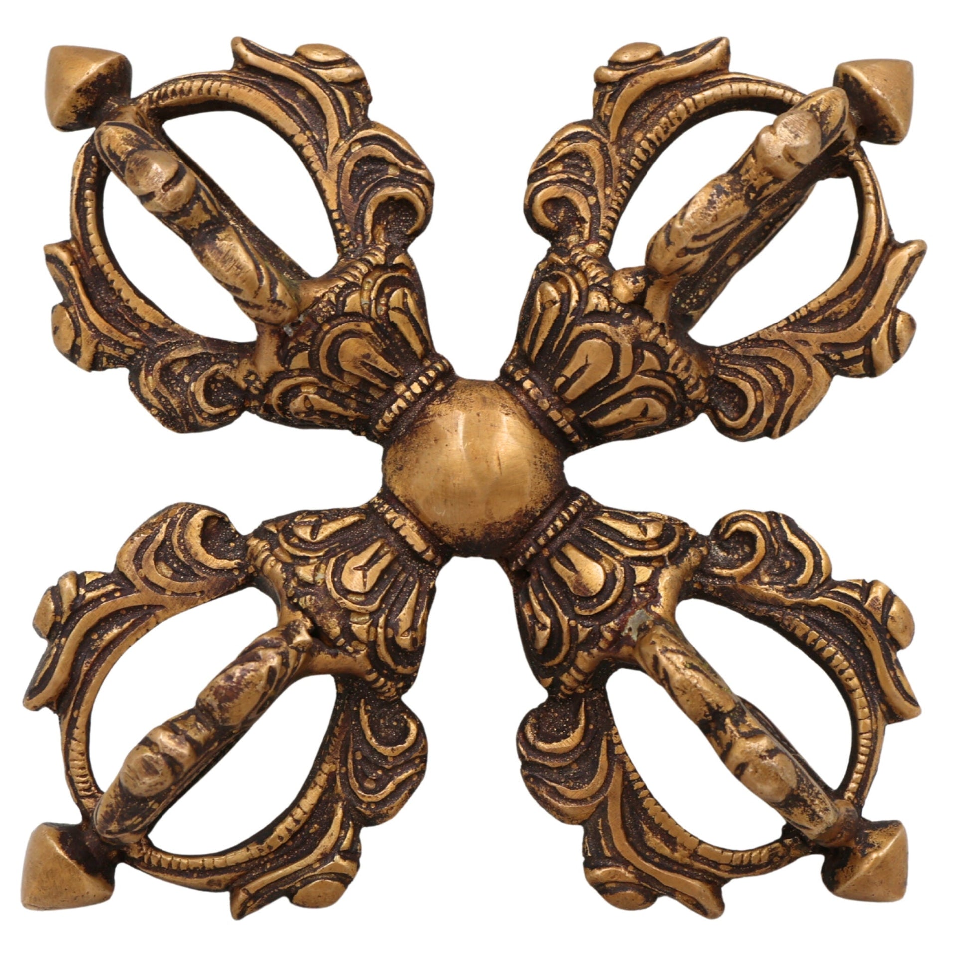 Handcrafted Brass Dorje Vajra Idol, Tibetan Thunderbolt, Holy Vajra Sculpture, Peetal Spiritual Murti for Home, Temple & Office Decor, Feng Shui Good Luck Gift,Brown, 4 Inch, 1 Piece