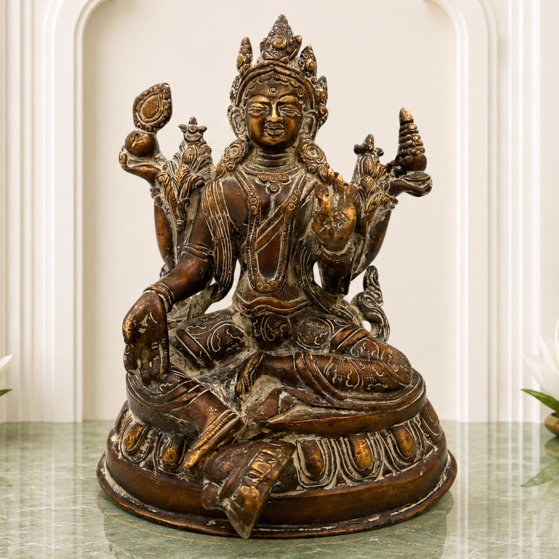 Tibetan Tara Maa Brass Idol, Green Tara & White Tara Statue, Tibetan Buddhist Goddess Murti, Tara Devi Vigraha, Antique Brass Sculpture for Puja & Home Decor,Brown, 7 Inch, 1 Piece