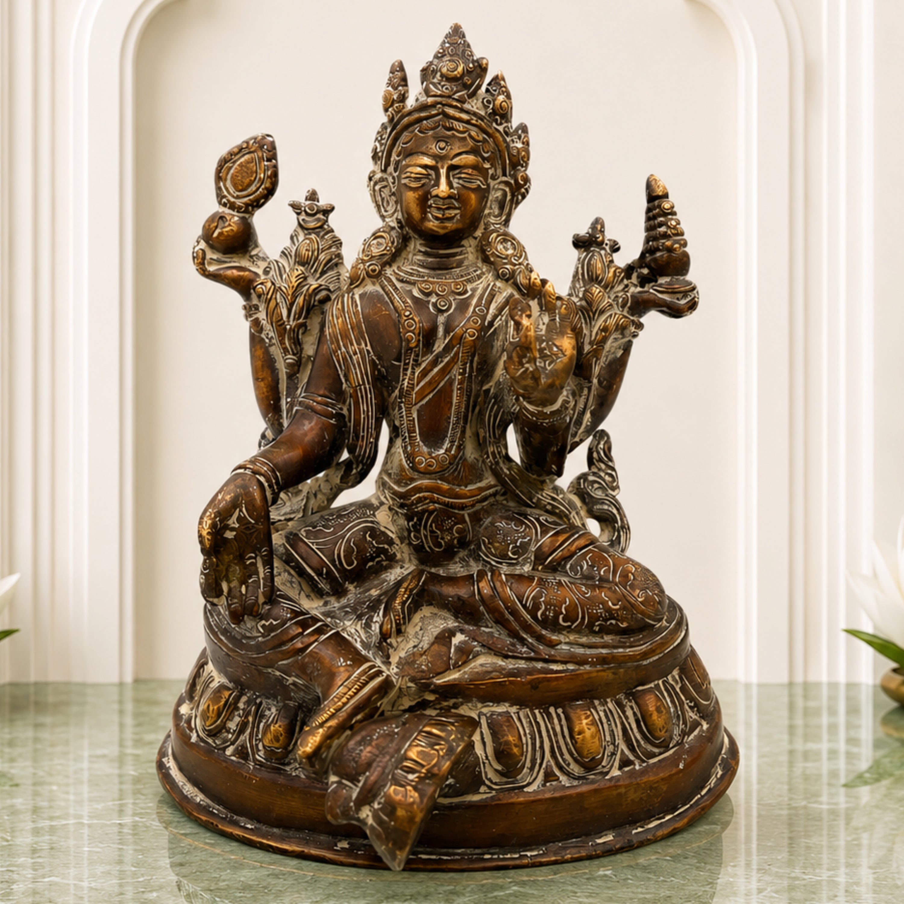Tibetan Tara Maa Brass Idol, Green Tara & White Tara Statue, Tibetan Buddhist Goddess Murti, Tara Devi Vigraha, Antique Brass Sculpture for Puja & Home Decor,Brown, 7 Inch, 1 Piece