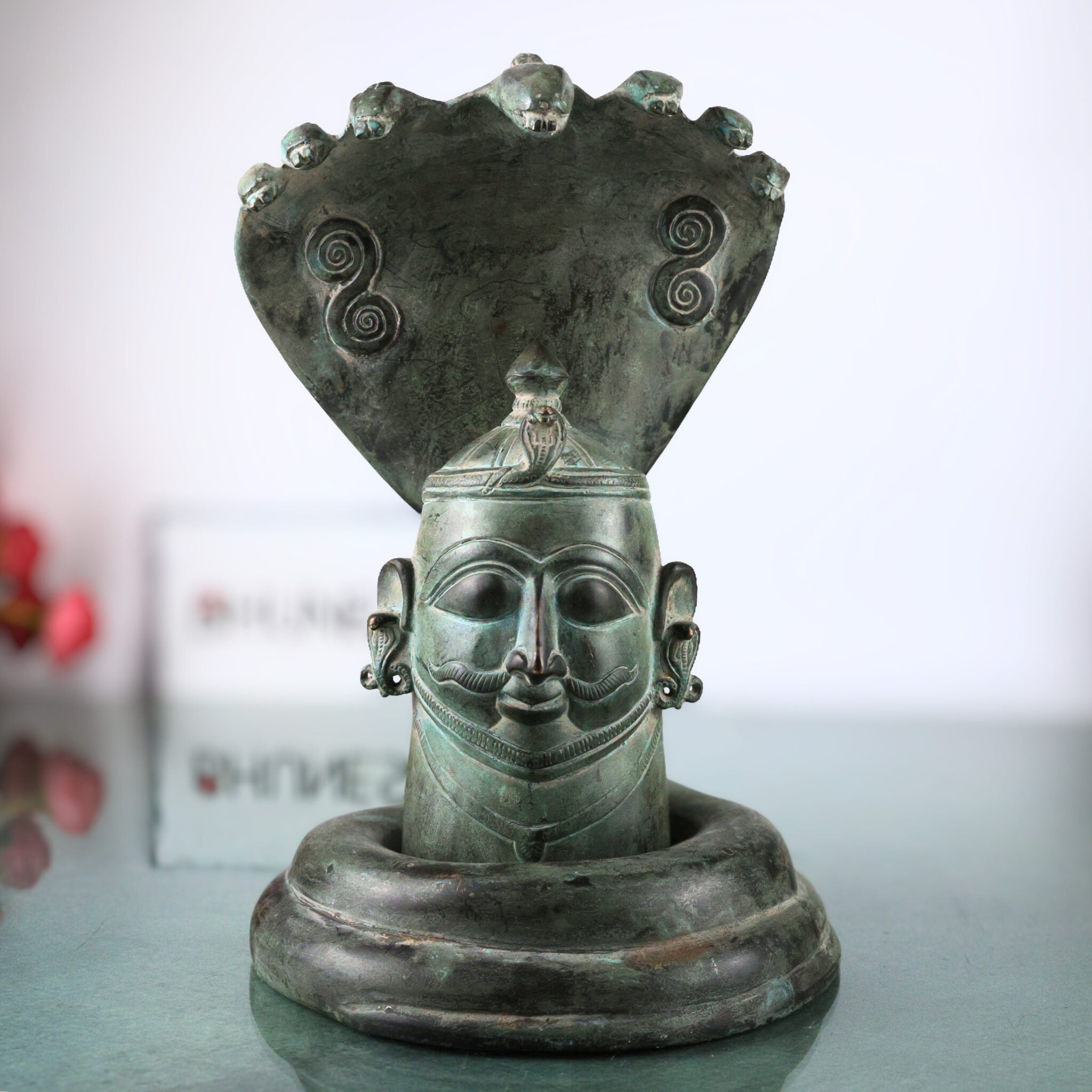 Brass Shiva Lingam with Naga Aura | Handmade Shivling Idol | Shivalingam Jyotirlinga Mahalingam Banalinga Murti for Home Temple & Puja,Green, 10 Inch, 1 Piece