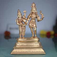 Handcrafted Panchaloha Bronze Shiva Parvathi Idol – Uma Maheshwara Gauri Shankar Ardhanarishvara Shiv Shakti Murti | Chola Art South Indian Temple Sculpture,Gold, 10.5 Inch, 1 Piece