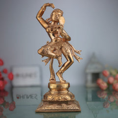 Handcrafted Bronze Panchaloha Apsara Holding Mirror Idol | Traditional Indian Temple Sculpture | Vintage Hindu Goddess Figurine,Gold, 12.5 Inch, 1 Piece