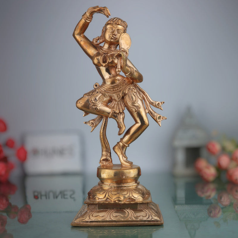 Handcrafted Bronze Panchaloha Apsara Holding Mirror Idol | Traditional Indian Temple Sculpture | Vintage Hindu Goddess Figurine,Gold, 12.5 Inch, 1 Piece