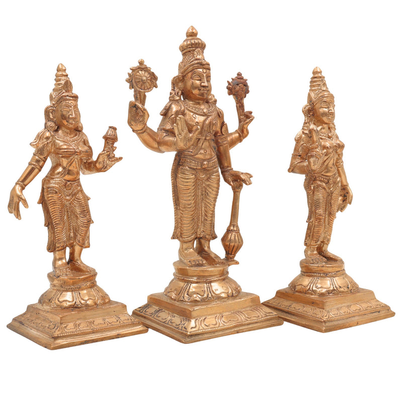 BronzeHandmade Panchaloha Vishnu Sri Devi Bhudevi Idol | Traditional South Indian Lakshmi Bhudevi Murti for Temple & Home Pooja,Gold, 6.5 Inch, 1 Piece