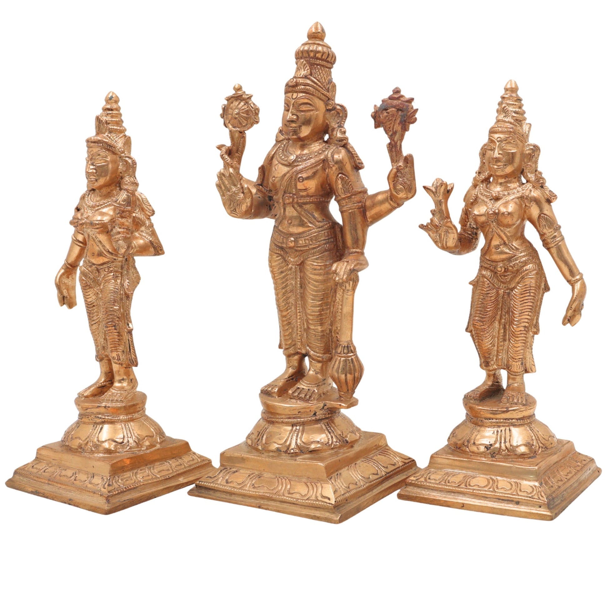 BronzeHandmade Panchaloha Vishnu Sri Devi Bhudevi Idol | Traditional South Indian Lakshmi Bhudevi Murti for Temple & Home Pooja,Gold, 6.5 Inch, 1 Piece