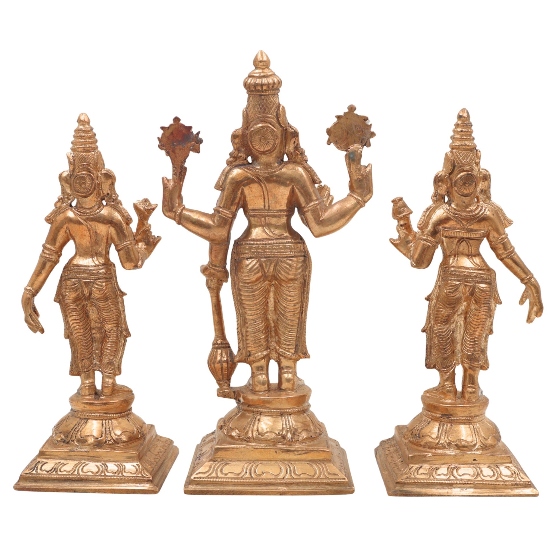 BronzeHandmade Panchaloha Vishnu Sri Devi Bhudevi Idol | Traditional South Indian Lakshmi Bhudevi Murti for Temple & Home Pooja,Gold, 6.5 Inch, 1 Piece