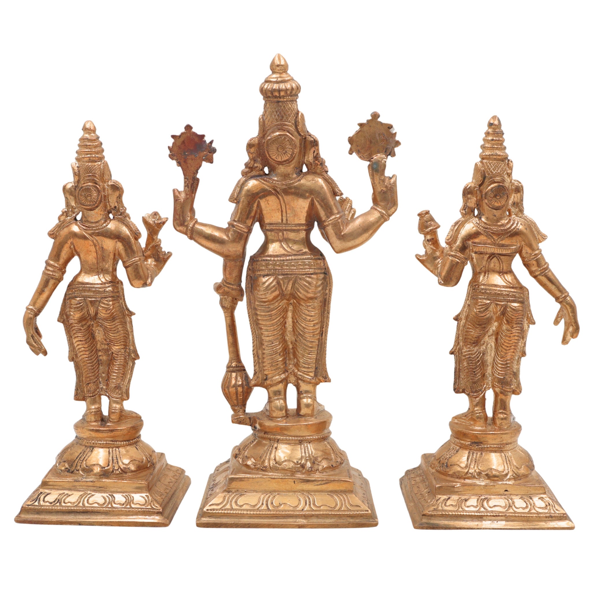 BronzeHandmade Panchaloha Vishnu Sri Devi Bhudevi Idol | Traditional South Indian Lakshmi Bhudevi Murti for Temple & Home Pooja,Gold, 6.5 Inch, 1 Piece