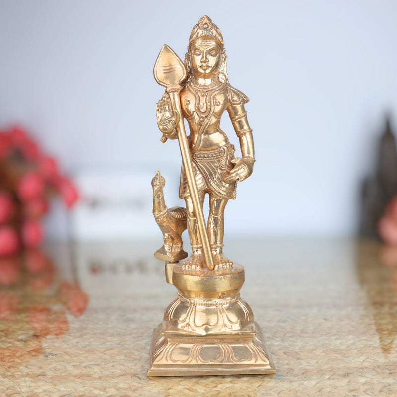 Panchaloha Bronze Murugan Idol – Handmade Lord Subramanya | Kartikeya | Skanda | Vel Murugan Statue for Home Temple & Pooja,Gold, 10 Inch, 1 Piece
