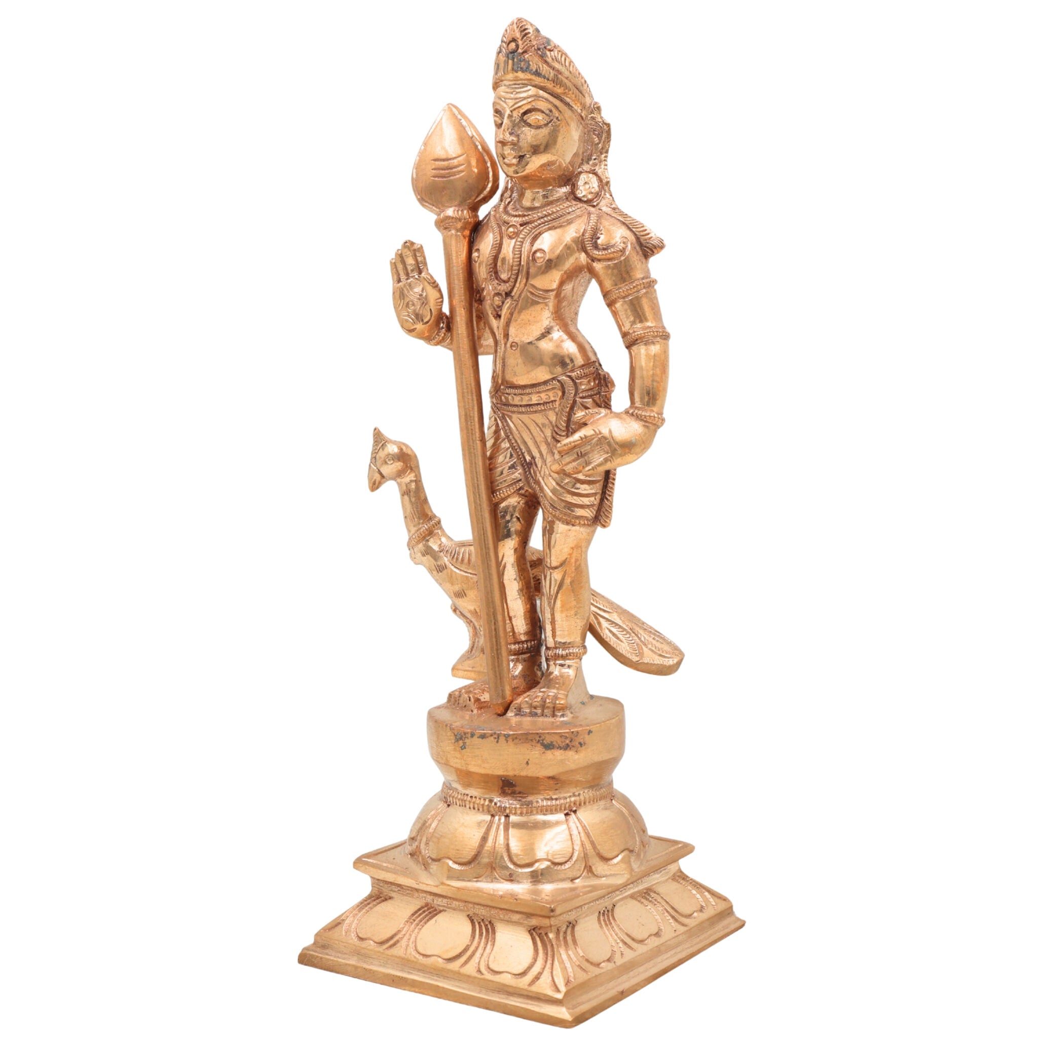 Panchaloha Bronze Murugan Idol – Handmade Lord Subramanya | Kartikeya | Skanda | Vel Murugan Statue for Home Temple & Pooja,Gold, 10 Inch, 1 Piece